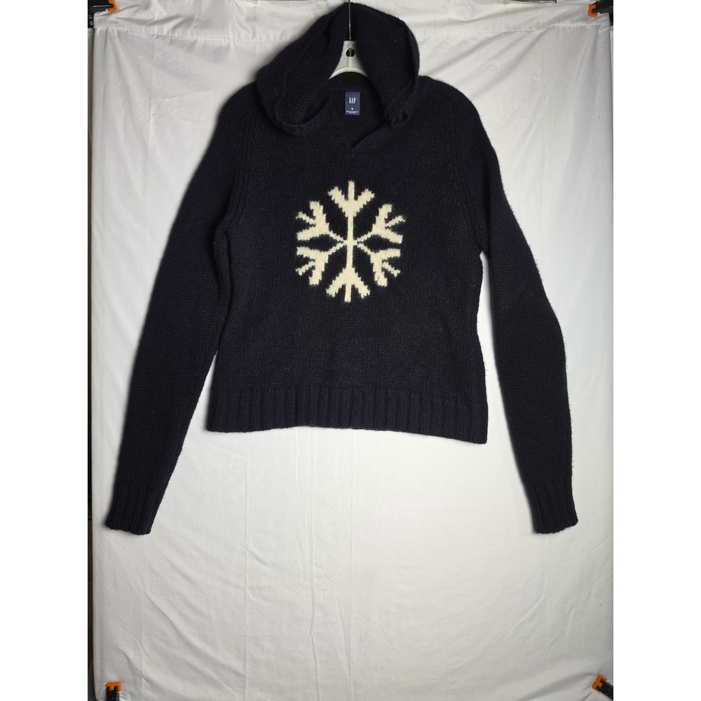 Vintage Gap Navy Blue 100% Lambswool Snowflake Hoodie Sweater Womens Medium